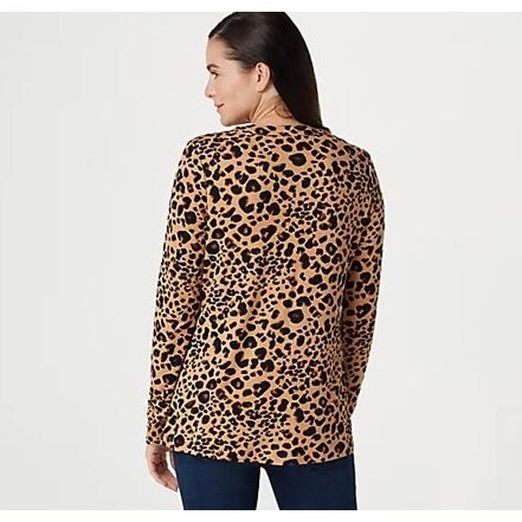 Isaac Mizrahi Live Top Womens Large Stretch Leopard Blouse Swing Tunic Classy - Picture 2 of 11